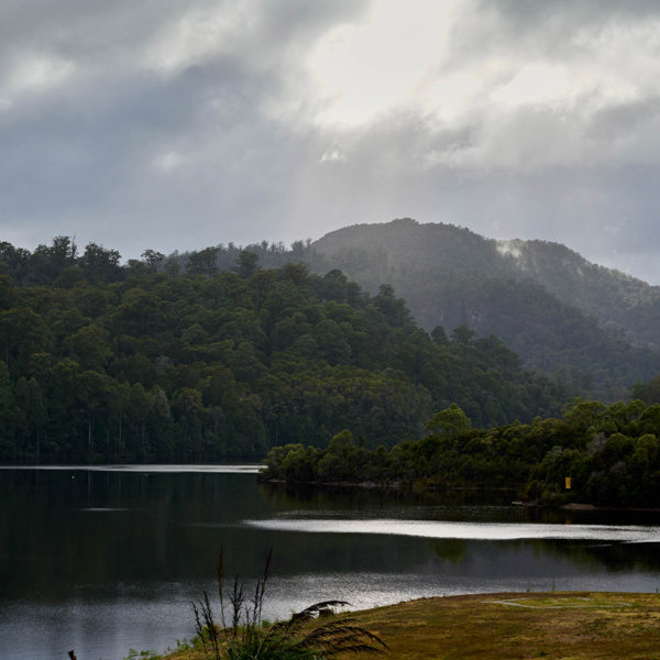 there is a glistening body of water, under beautiful sunlight, a wild mountainous backdrop and a yellow grass spot of land in the forground